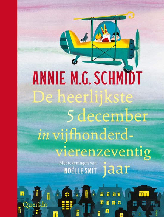 Boekomslag met een vliegtuigje met Sinterklaas en Piet erin, vliegend boven een stad.