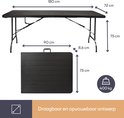 Afmetingen van de zwarte, inklapbare tafel: 180 x 90 x 75 cm. Belastbaar tot 400 kg.