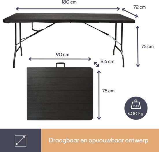 Afmetingen van de zwarte, inklapbare tafel: 180 x 90 x 75 cm. Belastbaar tot 400 kg.