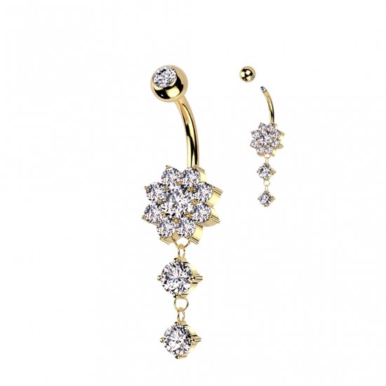 Piercing de nombril doré avec une fleur de cristaux et un double pendentif de cristaux ronds.