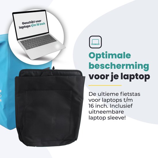 Gedetailleerde weergave van het laptopvak in de blauwe fietstas, geschikt voor laptops tot 16 inch.