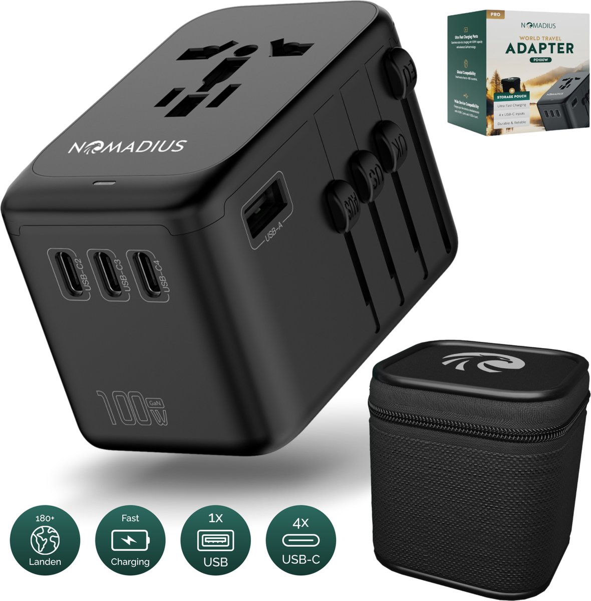 Nomadius® Wereldstekker PRO - Universele Reisstekker voor 180+ Landen - Ultra Fast PD100W Charging - 4x USB-C & 1x USB-A - Voor USA, UK, EU, Azië & Australië - Zwart op Prijzenvolger.com