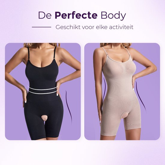 Collage van twee vrouwen, links in een zwarte en rechts in een beige corrigerende body met pijpjes. 'De Perfecte Body', 'Geschikt voor elke activiteit'.