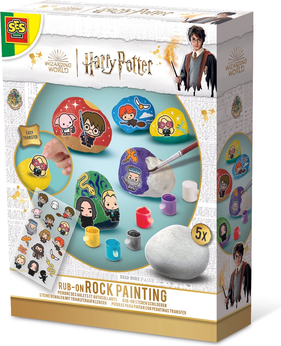 SES Creative - Harry Potter - Stenen Schilderen - 5 stenen, 6 kleuren verf, penseel en rub-on stickers - knutselset voor kinderen