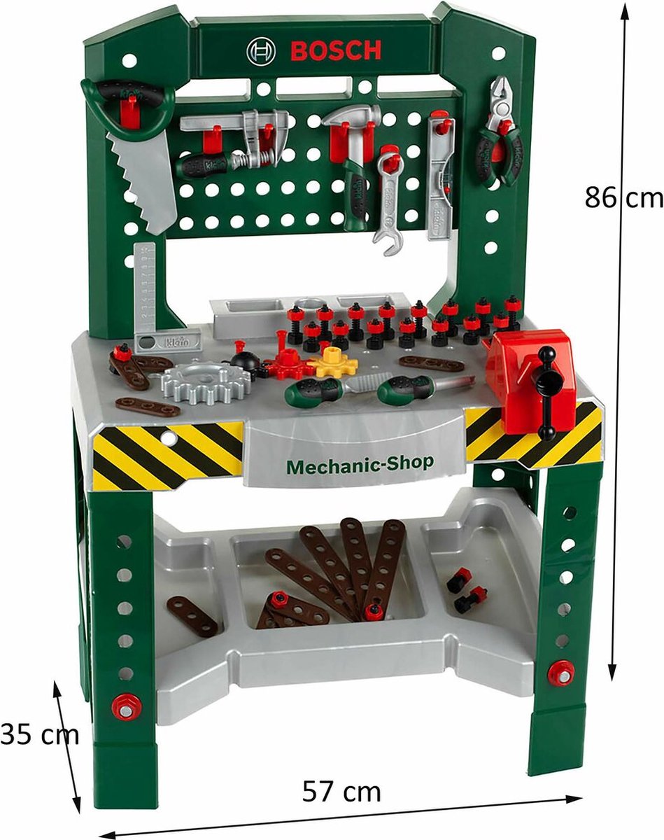 Klein Toys Bosch mini speelgoed werkbank – 77 delig – met veel accessoires - met leerfuncties – donkergroen