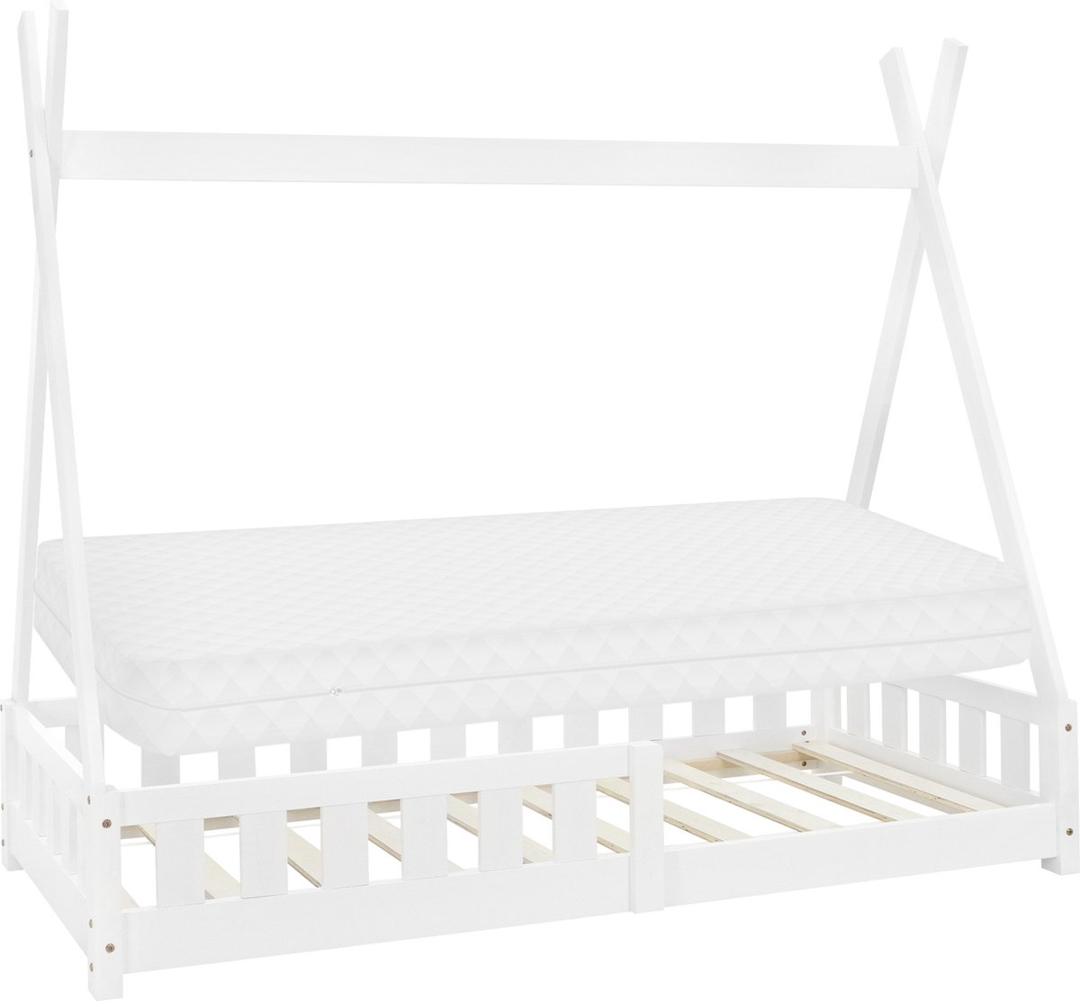 ml-design tipi-serie kinderbed 80x160 cm wit met koudschuimmatras lattenbodem en valbeveiliging massief grenen houten huisbed in Indianenstijl met hek geschikt voor meisjes en jongens speelbed en vloerbed in tentvorm voor de kinderkamer