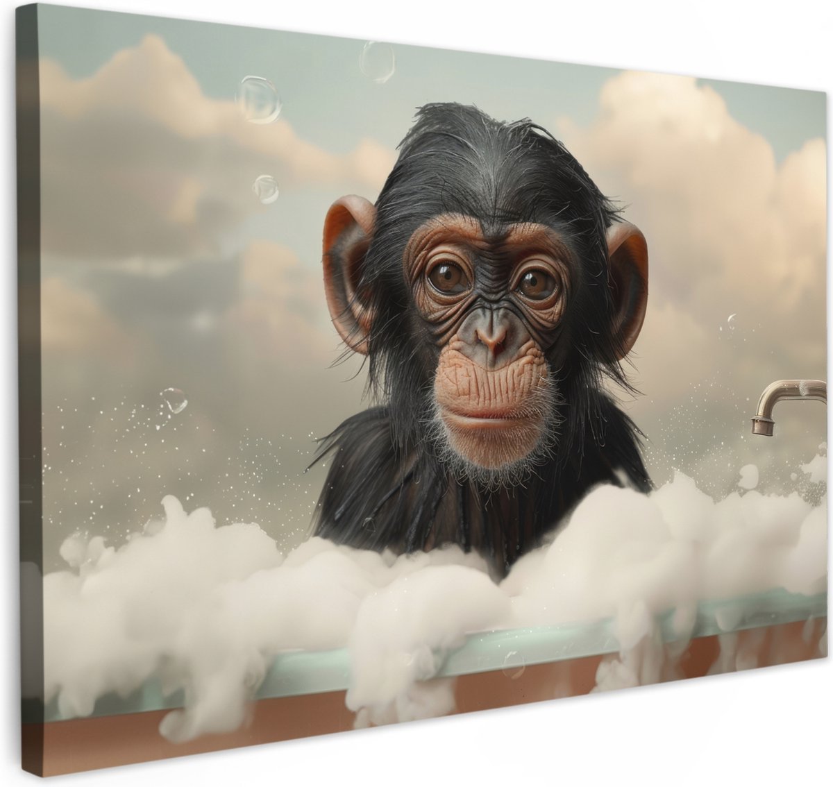 Canvas schilderij 30x20 cm - Wanddecoratie badkamer Aap - Dieren - Bad - Schuim - Muurdeco