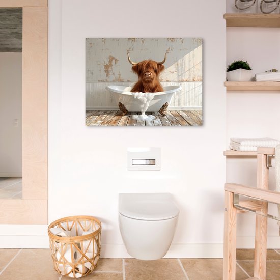 Peinture sur toile 80x60 cm - Décoration murale salle de bain Highlander écossais - Baignoire - Vintage - Vache - Décoration murale murale WC - Accessoires décoratifs - Décoration murale Toilettes - Peintures sur toile