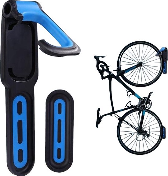 Fietsophanghaak, zwart met blauwe accenten, met een fiets die eraan hangt.