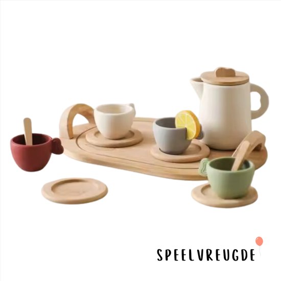 Foto: Theeservies speelgoed kinderen 14 delig houten bpa vrij siliconen theeservies voor peuter kleuter