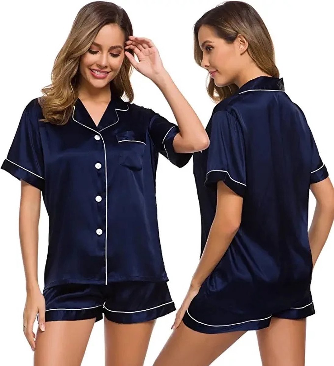 Satijnen Pyjama Vrouwen Met Borstzakje I Nachtkleding I Sexy Ondergoed I 2-Delig Top & Shorts I Top & Broekje I Blauw I Maat L op Prijzenvolger.com