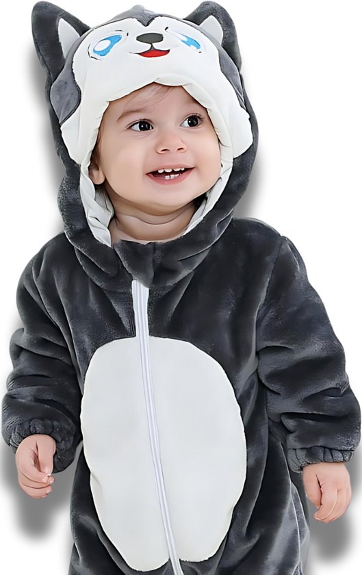 BoefieBoef Wolf Dieren Onesie & Pyjama voor Baby en Dreumes en Peuter tm 18 maanden - Kinder Verkleedkleding - Dieren Kostuum Pak - Grijs
