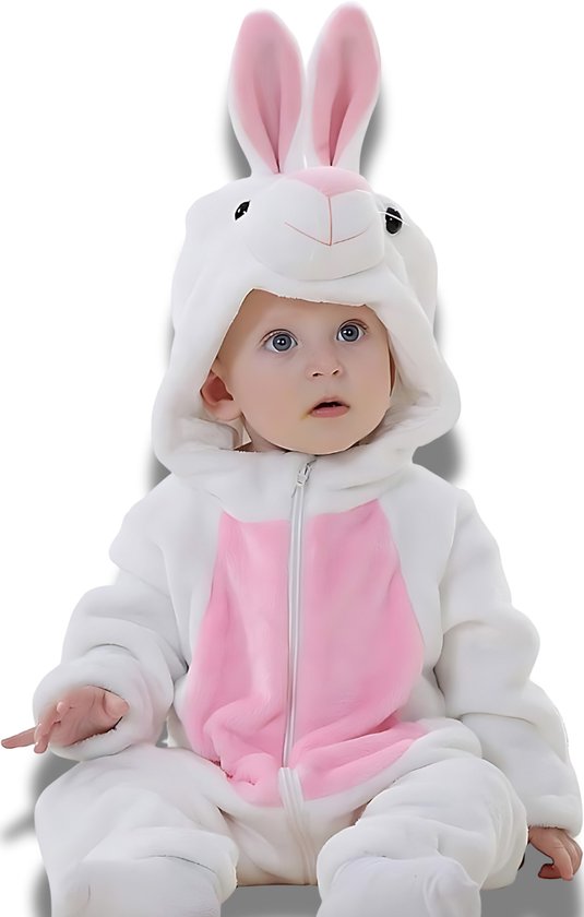 BoefieBoef Konijn Wit Dieren Onesie & Pyjama voor Baby en Dreumes - Kinder Verkleedkleding - Dieren Kostuum Pak - Roze
