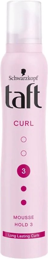 Flacon spray rose Taft Curl Mousse avec l'inscription 'Long Lasting Curls' sur fond blanc.