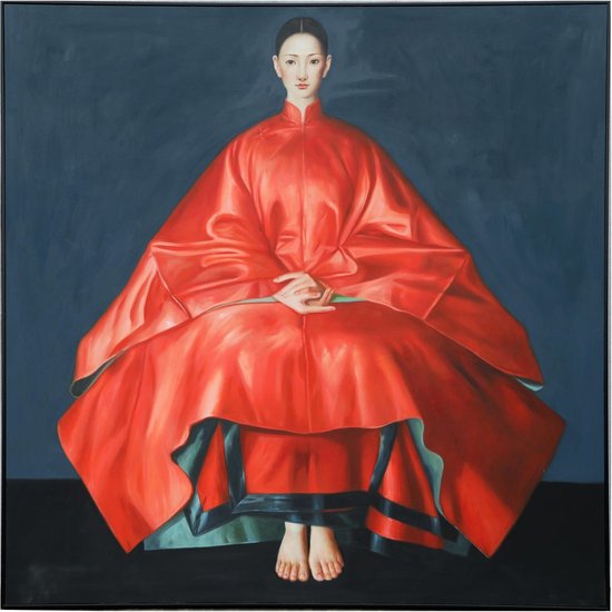 Fine Asianliving Oil Painting 100% Handpainted Black Frame 80x80cm Chinese Woman Red