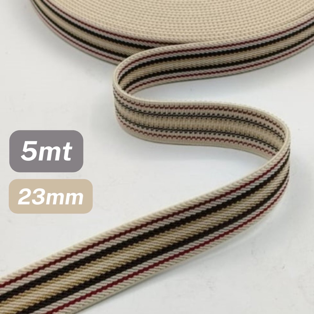 5 Meter TAILLEBAND ELASTIEK, Breedte 23MM, Kleur ECRU / MULTIKLEUR