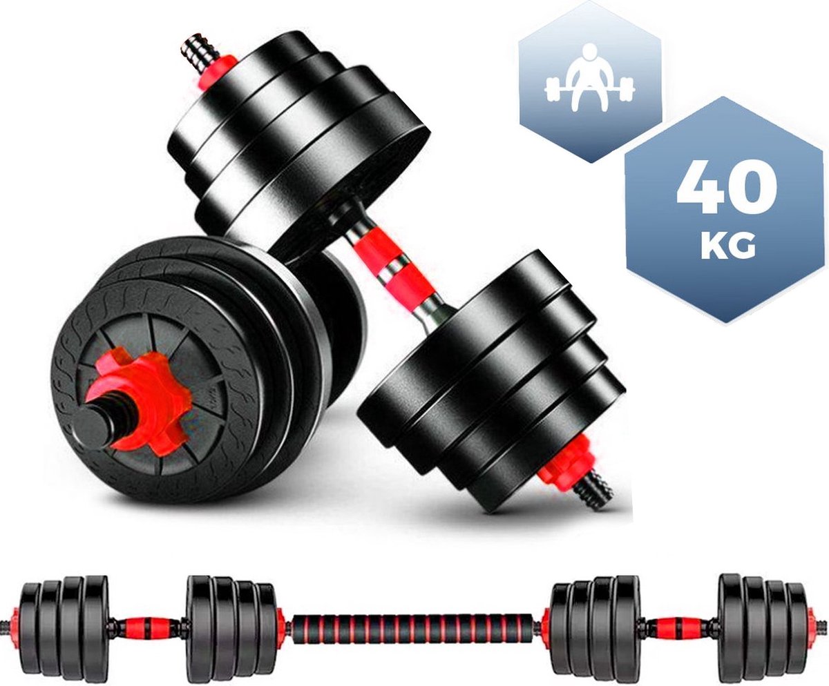 SOUTHWALL verstelbare dumbbell set tot 40kg - professionele 2-in-1 halterset gewichten - gebruiksvriendelijke fitness stang - rood