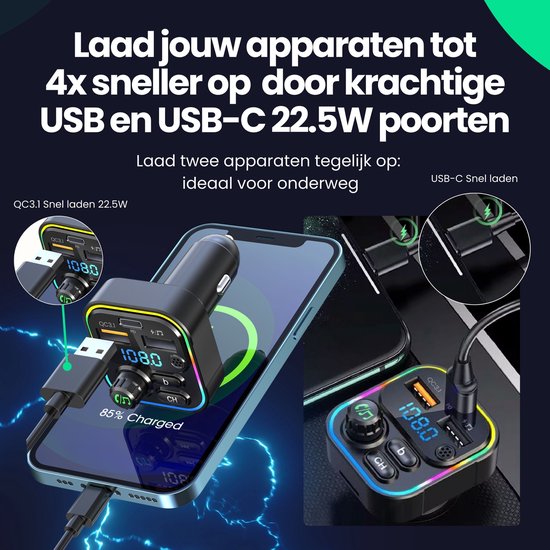 Transmetteur FM Siltcon® Bluetooth – Transmetteur Bluetooth - Chargeur USB-C 22,5W - Kit voiture - USB-A - Carte SD - BT 5.3 - Modèle 2024
