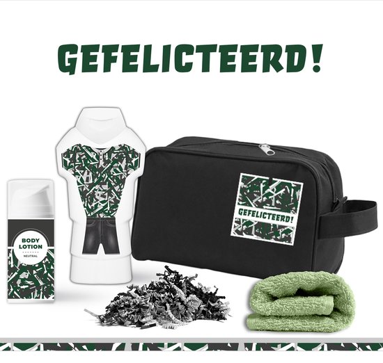 Foto: Geschenkset gefeliciteerd 4 producten 450 gram giftset voor hem geschenk set toilettas zwart douchegel bodylotion stoer pakket man jongen verjaardag vriend geslaagd rijbewijs diploma wedstrijd gewonnen eerste prijs