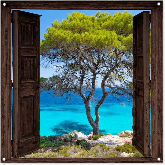 Tuinposter - 100x100 cm - Zee - Boom - Tropisch - Doorkijk
