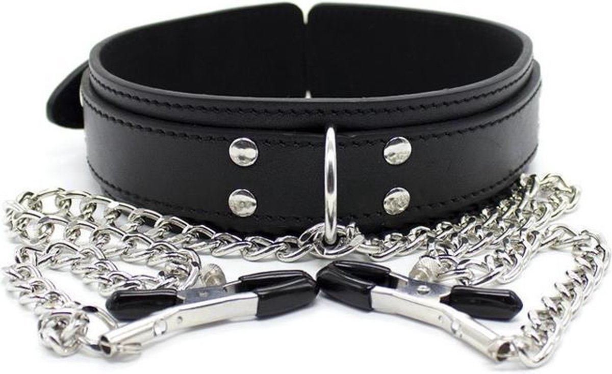 Goedkoopste Bdsm Collar met tepelklemmen Bondage - Erotiek - Slave - Tepelklemmen - Lederen Ketting - Partner Sexy Rollespel - van Heble®