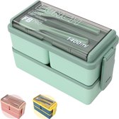 Kleine Lunchbox - 1400ml - Met servies en vakjes x3 - Geschikt voor rijst, noodles, groente, vlees en meer! - Voor kinderen en volwassenen - Groen