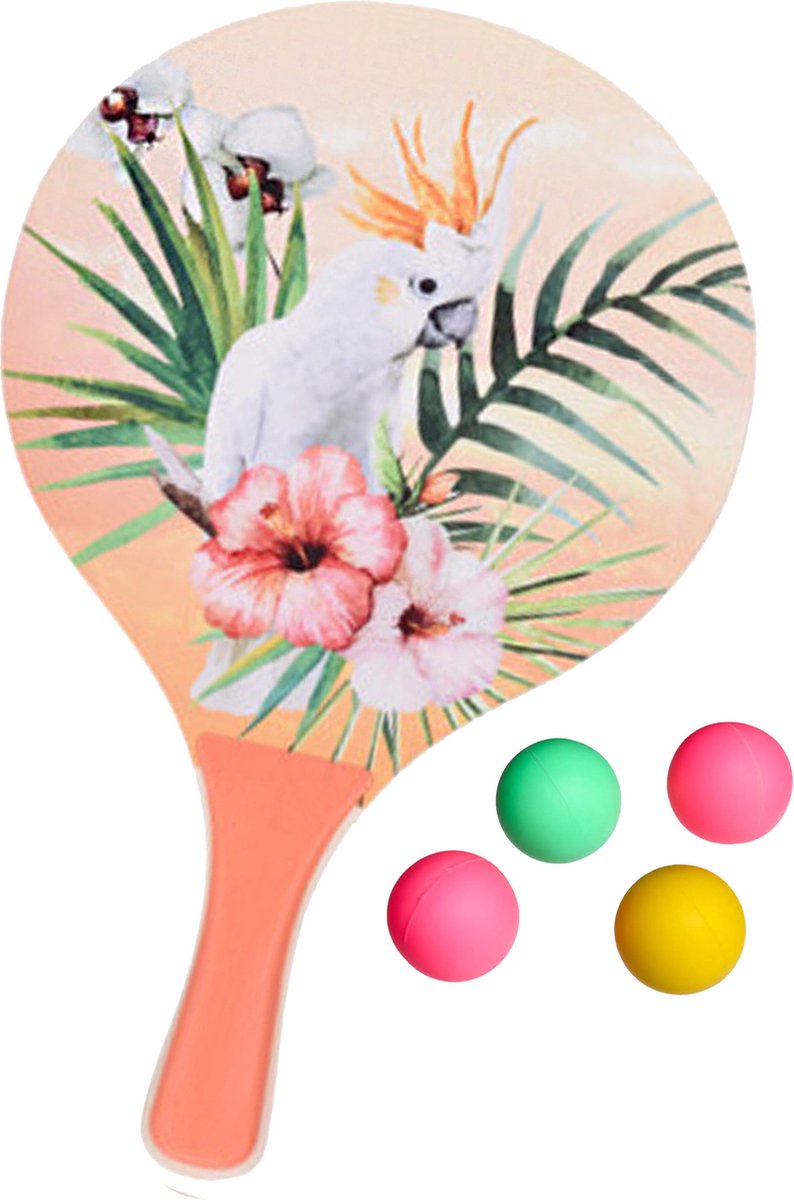 Summertime Beachball set - hout - oranje - strand sport speelset - met 5x balletjes