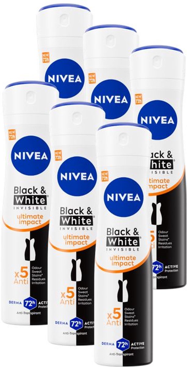 Goedkoopste NIVEA Black & White Ultimate Impact Deodorant Spray - Deo - Anti-Transpirant - Voordeelverpakking - 6 x 150ml