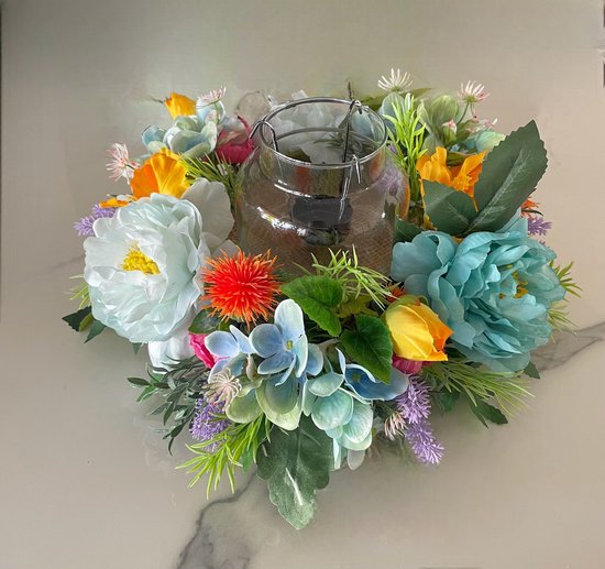 tafeldecoratie - decoratie voor op tafel - krans met theelicht - kunstbloemen zijde