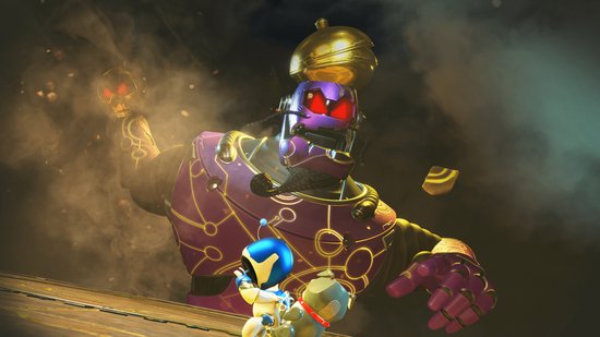 Een kleine blauwe robot kijkt omhoog naar een gigantische paarse en gouden robot, met een gebroken robot op de voorgrond.