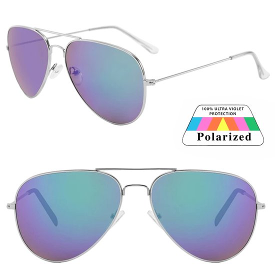 Fako Sunglasses® - Pilotenbril - Polariserend - Polarized - Piloot Zonnebril - Heren Zonnebril - Dames Zonnebril - Zilver - Blauw/Groen