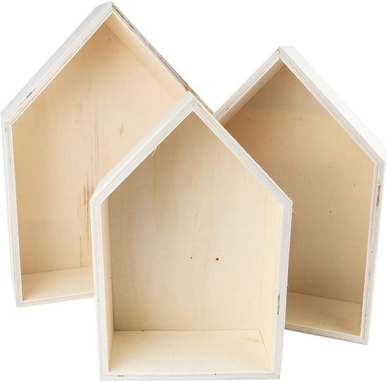 Houten frameset huis | 3 stuks | houten kist in huisvorm | wandplank | wandplank | wanddecoratie | voor knutselen en beschilderen | 3 verschillende maten | hoogtes: 27,3 cm, 23,7 cm & 20,5 cm