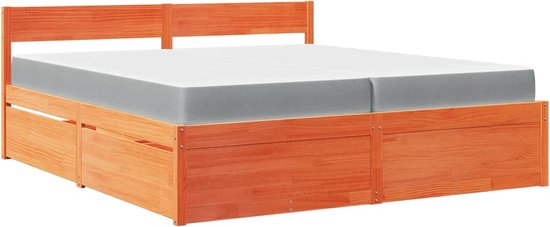 vidaXL - Bed - met - lades - en - matras - massief - grenenhout - wasbruin - 200x200 - cm