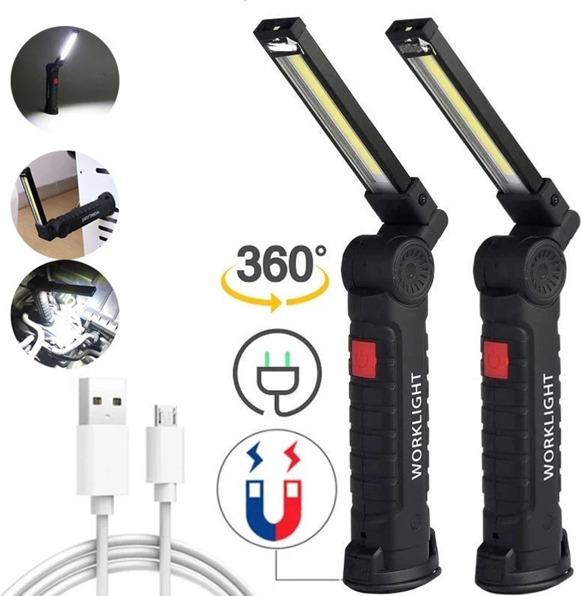 2 stuks Mini Werklamp LED | USB Oplaadbaar | 3Watt |360° Draaibaar | COB LED | Magnetisch | Noodlamp