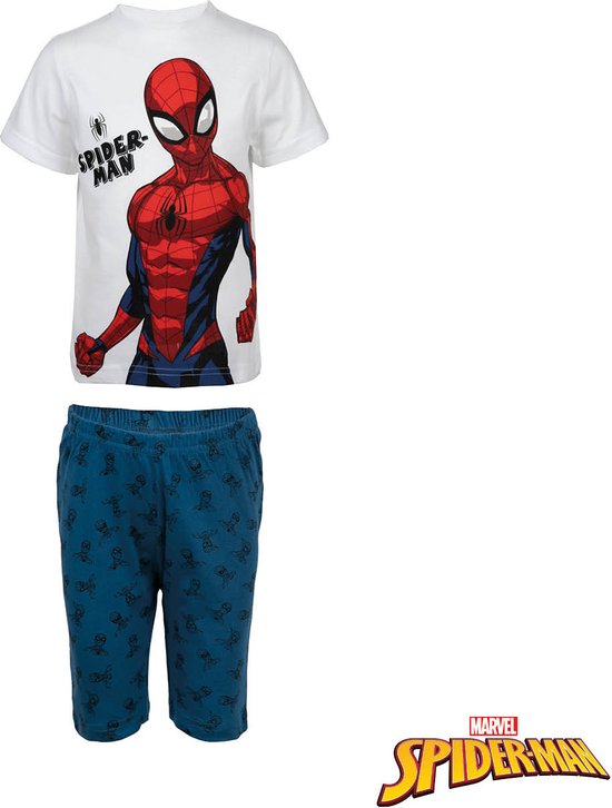 Spiderman shortama - wit met blauw - Marvel Spider-Man pyjama - maat 122/128 - 100% katoen