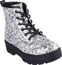 Zilveren Skechers kinderlaars met een opvallende plateauzool en print van doodles.