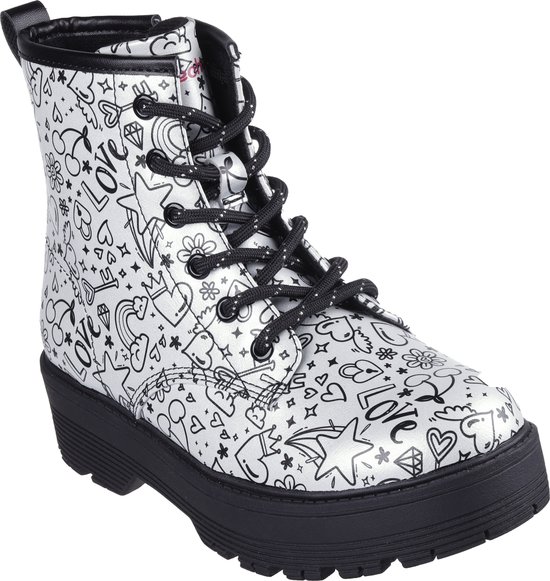 Zilveren Skechers kinderlaars met een opvallende plateauzool en print van doodles.
