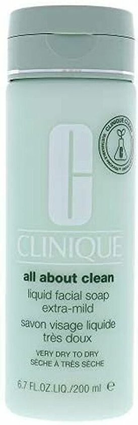 Lichtgroene fles met Clinique logo. "all about clean" liquid facial soap extra-mild.
