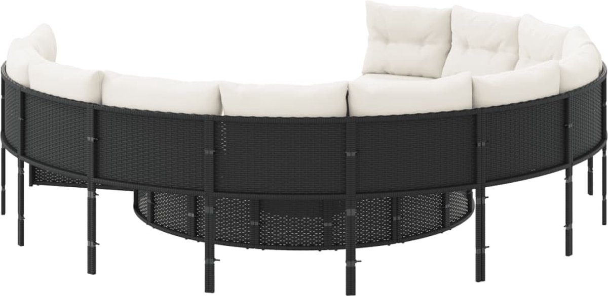 vidaXL Tuinbank - met - tafel - en - kussens - rond - poly - rattan - zwart