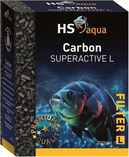 Verpakking van HS aqua Carbon Superactive L met een filter van 2000ml. Voorzien van een foto van een grote vis.