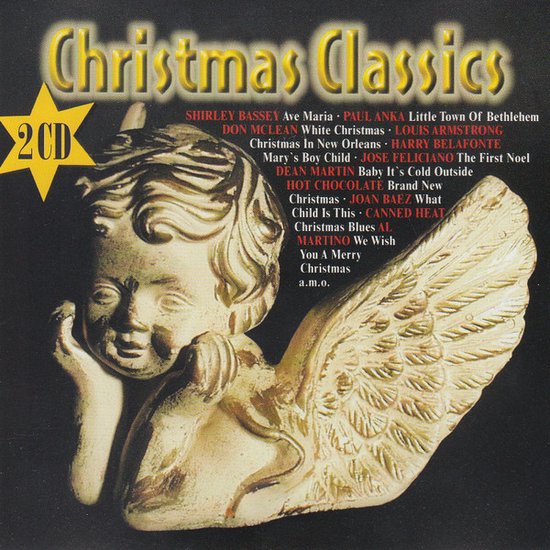 Kerstcd "Christmas Classics" met 2CD logo en gouden cherubijn. Artiesten o.a. Paul Anka, Dean Martin.