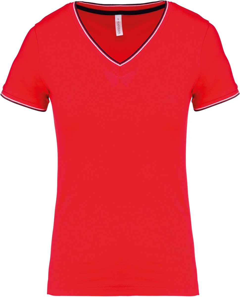 Kariban Dames-t-shirt piqué V-hals K394 - Red / Navy / White - L