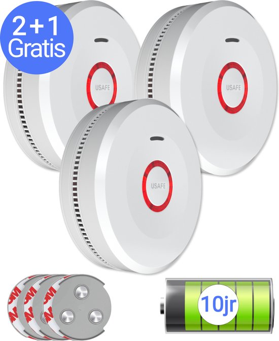 Foto: Usafe rookmelder set van 3 rookmelders met 10 jaar batterij brandmelder 2 1 gratis met magneetmontage 85db en led alarm