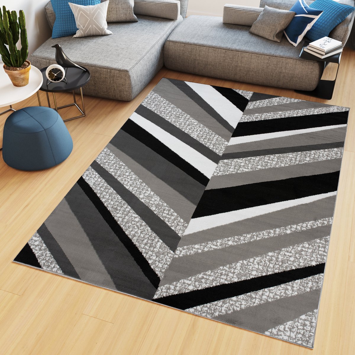 Tapiso Maya Vloerkleed Grijs Laagpolig Zwart Tapijten Maat- 130x190