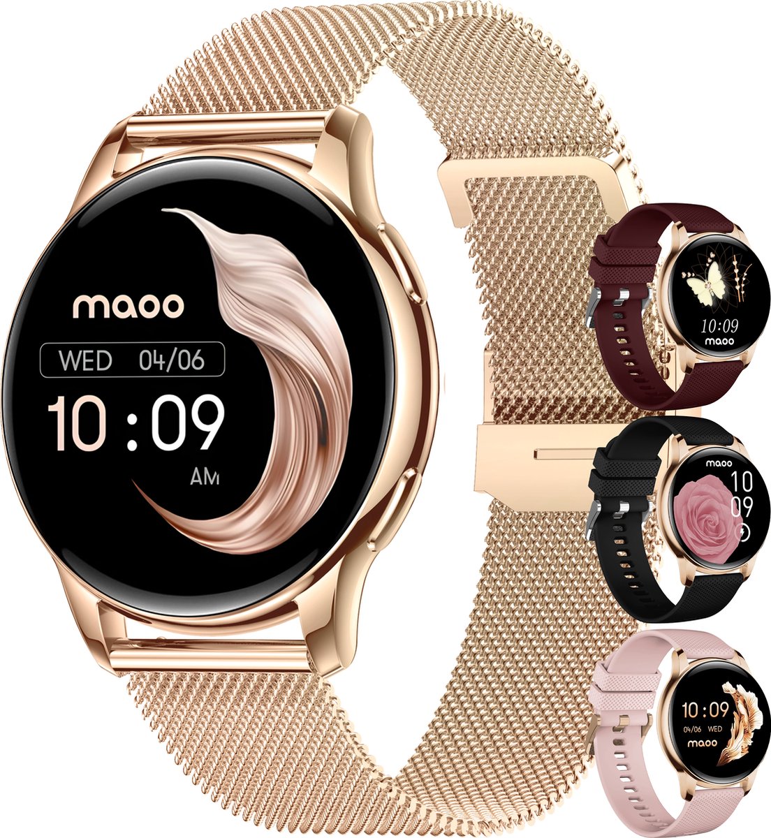 Maoo Ventura AMOLED Smartwatch Dames - RVS en 3x Siliconen Bandje - Stappenteller - Hartslagmeter - Slaapmonitor - Multisport - Geschikt voor Android en iOS - Rosé Goud en Roze
