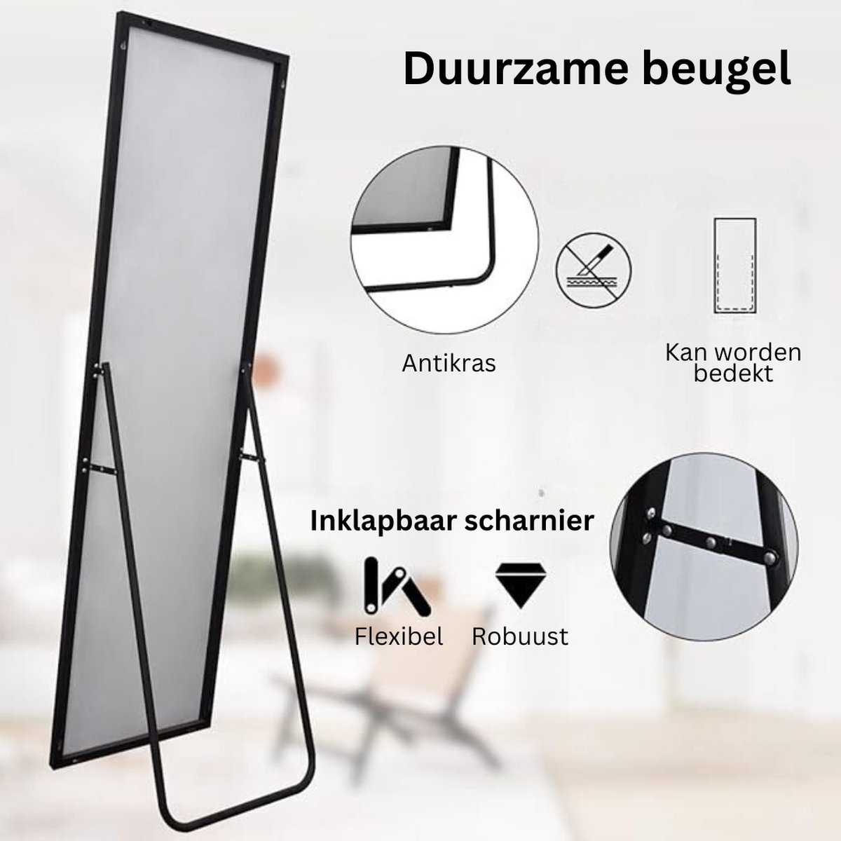 Grote spiegel, 180 x 78 cm, staande spiegel om op te hangen of neer te zetten met gehard glas en aluminium frame, grote kapspiegel voor woonkamer en slaapkamer | NL