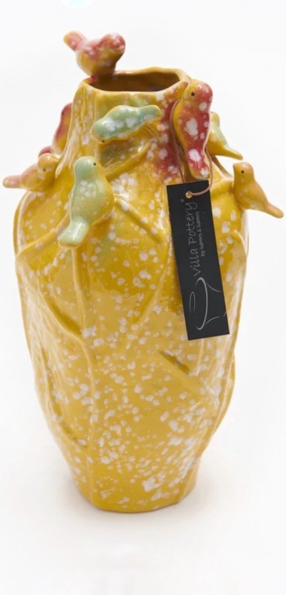 Irishflowers Vaas - Villa Pottery - Porselein - Waterdicht - Vogelvaas - Decoratie - Woondecoratie - Lieve 3 Yellow 9 Birds Geel