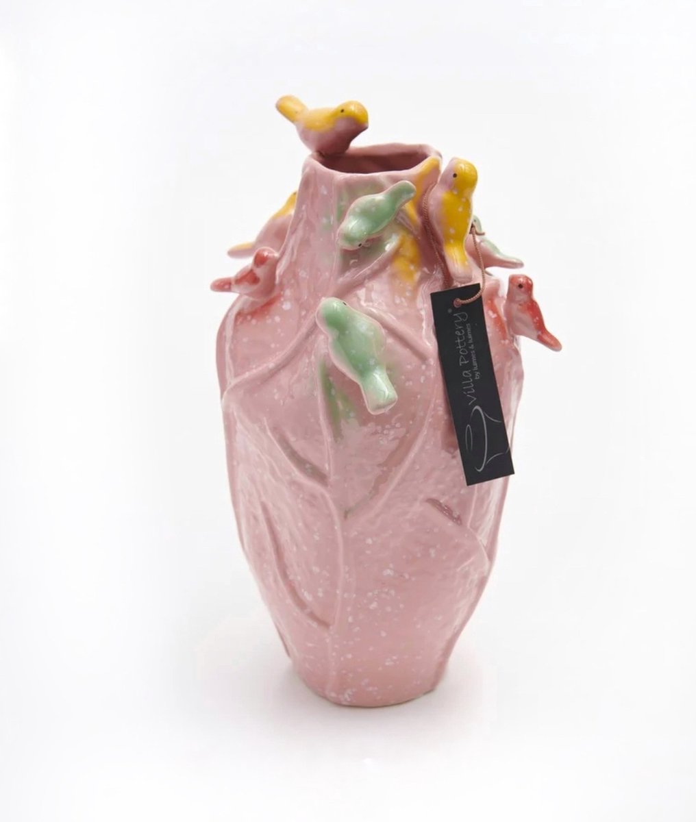 Irishflowers Vaas - Villa Pottery - Porselein - Waterdicht - Vogelvaas - Decoratie - Woondecoratie - Lieve 3 Pink 9 Birds Roze