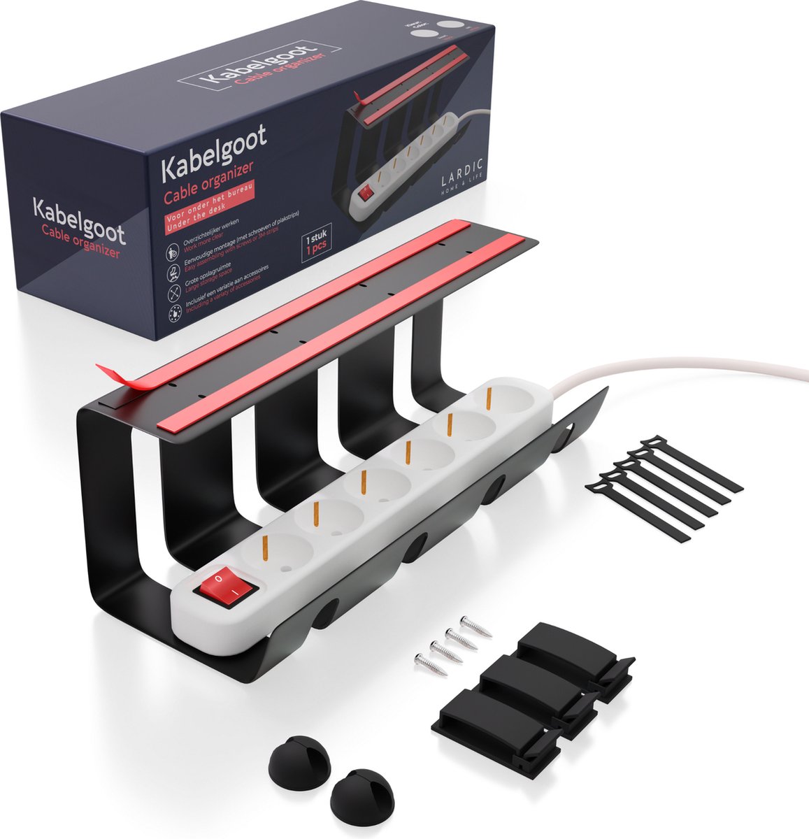 Lardic Metalen Kabel organiser Onder Bureau - Kabelgoot - Kabelbox - Cable management - Opbergbox stekkerdoos - Zelfklevend met 3M strips - Inclusief accessoires - 1 x 40cm - Zwart