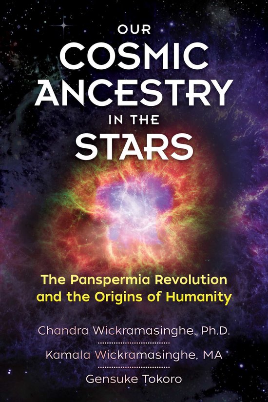 Boek 'Our Cosmic Ancestry in the Stars' met een kosmisch nebula-ontwerp.